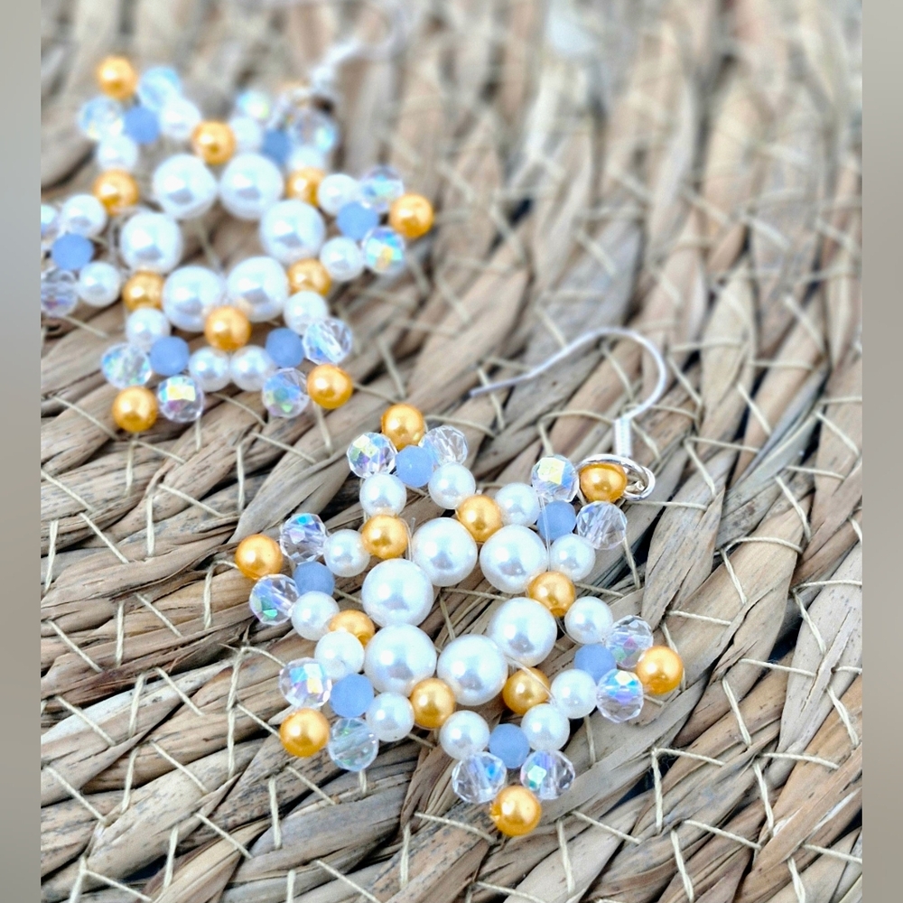 Hand Crafted Gold and White Beaded Earrings
